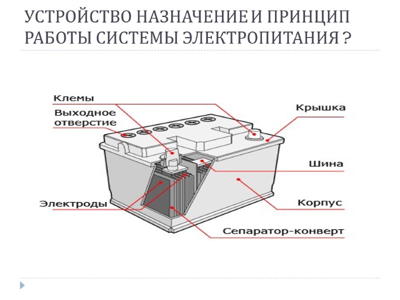 УСТРОЙСТВО НАЗНАЧЕНИЕ И ПРИНЦИП РАБОТЫ СИСТЕМЫ ЭЛЕКТРОПИТАНИЯ ?